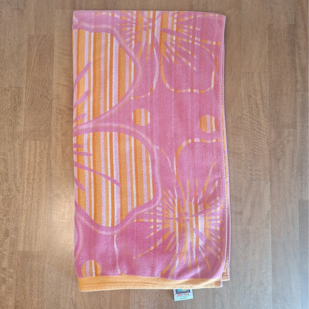 VTG 90s Palm Cove Tropical Beach Towel Flower Stripes Neon Pink Orange